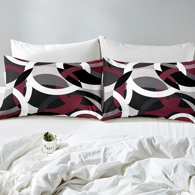 Geometric Circle Bedding Set Girls Boys Kids Modern Retro Grommet Comforter Cover Grey Red Black Stripe Line Art Duvet Cover Room Decor Abstract Stripes Swirl Bed Set Queen Size 3Pcs (No Comforter)