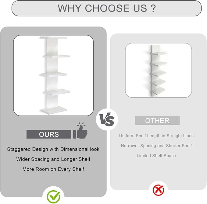 VIWODS 5 Tier Wall Shelf Unit-White Floating Shelves for Home Decor, Modern Unique Asymmetric Design for Bedroom & Living Room Storage