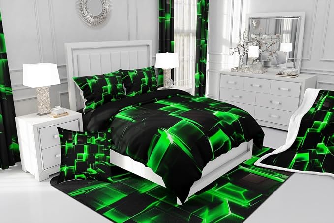 Erosebridal Honeycomb Bedding Set Twin Size, 3D Modern Abstract Square Grid Comforter for Kids Girls Boys Green Neon Light Geometric Print Bed Set Bedroom Decor, 2 Pieces