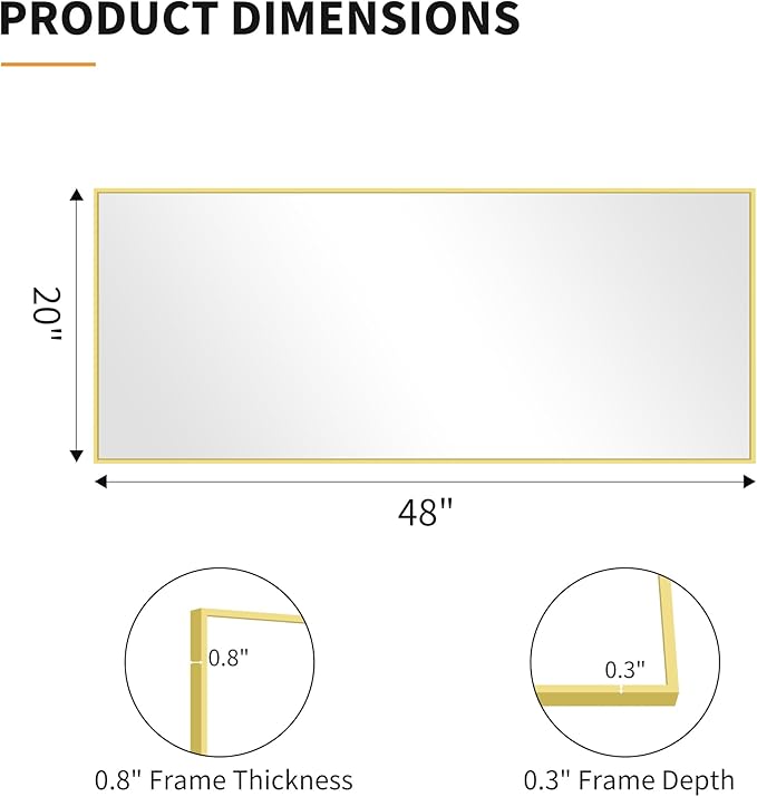 KOCUUY Gold Bathroom Mirror, 20"x48" Rectangle Bathroom Mirror for Wall, HD Tempered Glass, Anti-Rust Frame, Modern Design for Bathroom, Bedroom, Living Room, Entryway