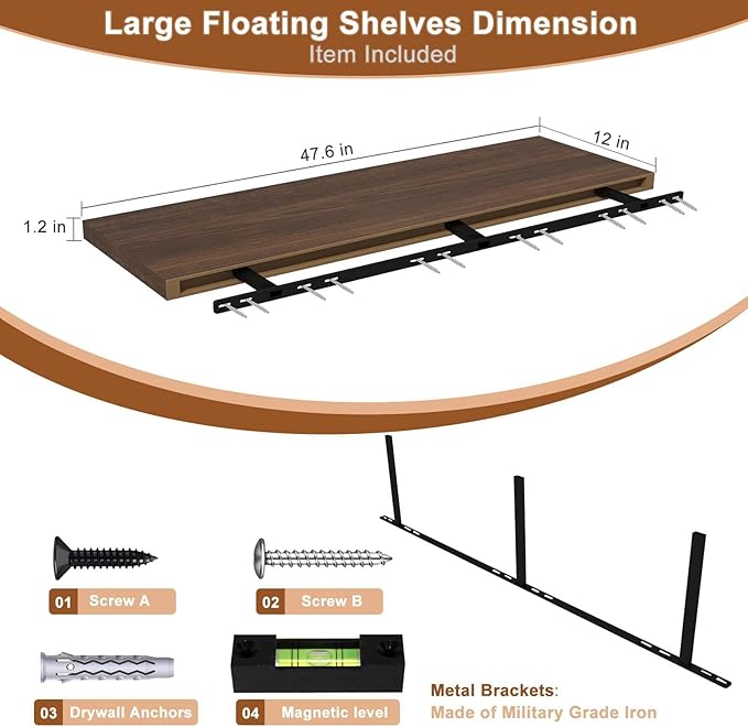 Large Floating Shelves for Wall 1 Pack Deep Floating Shelves No Drilling Accessories Included Deep Wall Shelves for Living Room Kitchen Farmhouse 48" W x 12" D x 1.2" H Walnut
