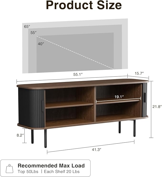 55''W Storage Cabinet, Fluted Sideboard Buffet Cabinet with Storage, Console Table Credenza with Tambour Slatted Sliding Doors and Shelves, Modern TV Stand for Living Room, Kitchen, Entryway, Black