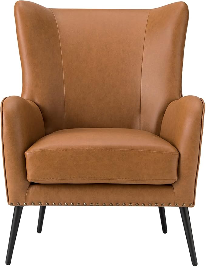 HULALA HOME Faux Leather Accent Chair Set of 2 with Removable Cushion, Comfy Upholstered Armchair with Metal Legs & Nailhead Trim Wingback Vanity Chair for Reading Living Room Bedroom, Camel