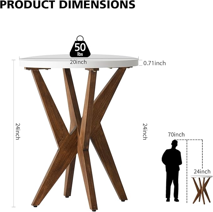 Modern Round End Table with Smooth White Top and Crossed Walnut Legs, Minimalist Accent Table for Living Room, Balcony, or Small Spaces, Easy Assembly Bedside Table, White Walnut