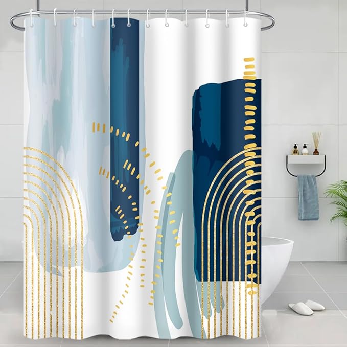 Boho Style Shower Curtain Watercolor Darkblue and Yellow Geometric Pattern Shower Curtains for Modern Abstract Bathroom Waterproof Fabric Decor Set with Hooks, 65W x 72H Inch