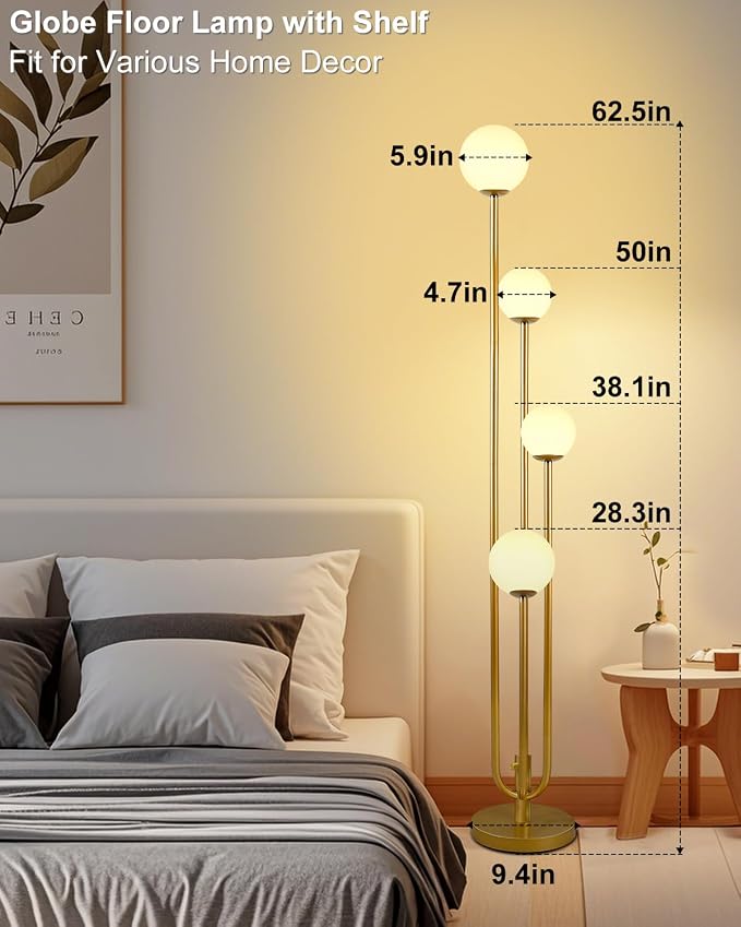 Lightdot Gold Globe Floor Lamp 4-Lights Dimmable Floor Lamps with 3000K Bulbs Included Unique Mid Century Modern Tall Standing Lamp with 5Lbs Heavy Base for Living Room/Bedroom/Sofa Beside