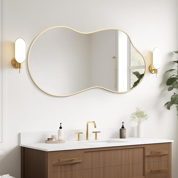 WallBeyond Gold Irregular Wall Mirror, Modern Asymmetrical Mirror with Aluminum Frame for Bedroom, Bathroom, Living Room, and Entryway 46" H x 26" W (Gold)