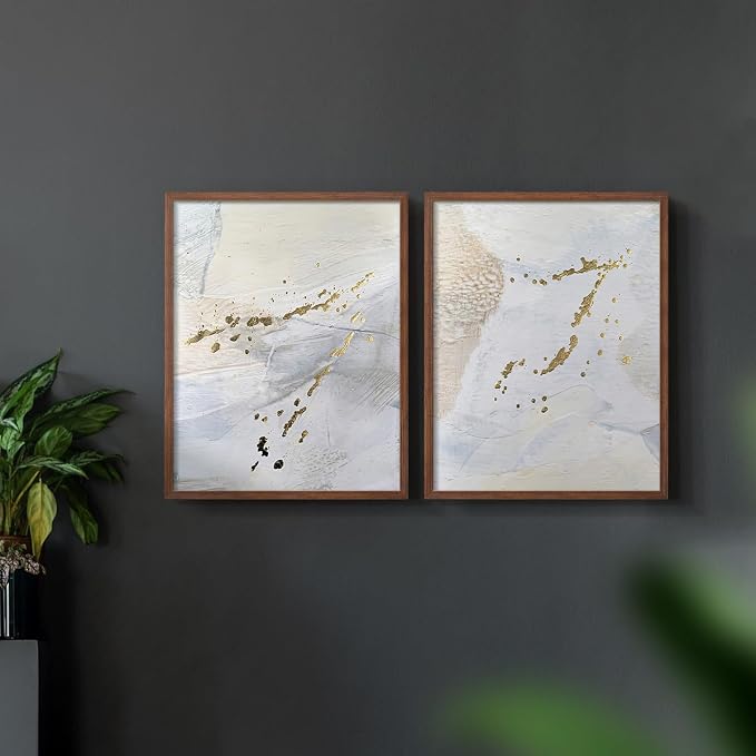 Renditions Gallery Set of 2 Peel & Stick Framed Prints, Modern Abstract Wall Art, Gold Sprinkle Oil Painting Wall Decor, Re-Stickable - Ready to Hang - 16"x20" - Walnut Frame LT588
