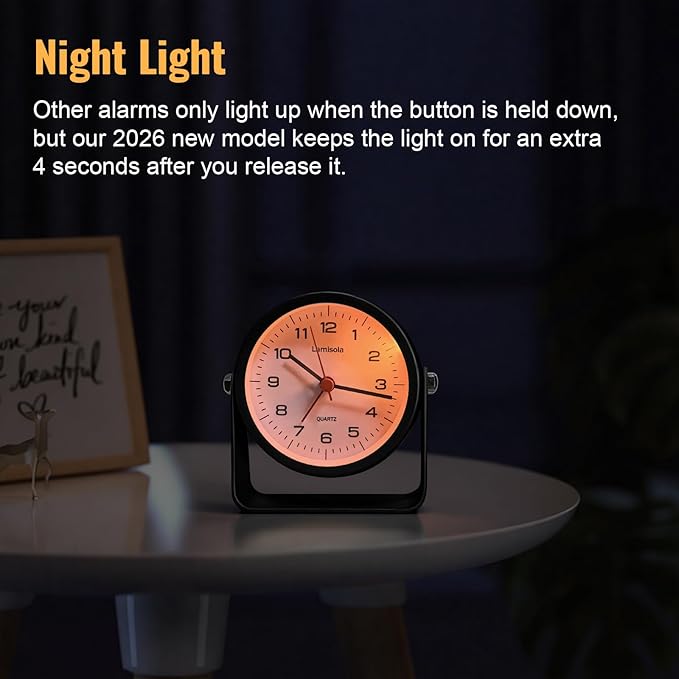Lamisola 3.5 Inch Small Desk Alarm Clock, Battery Operated Analog Silent Clock with Night Light, Retro Vintage Metal Bedside Clock for Bedroom, Office, Bathroom, Dorm, Shelf, Table - Black