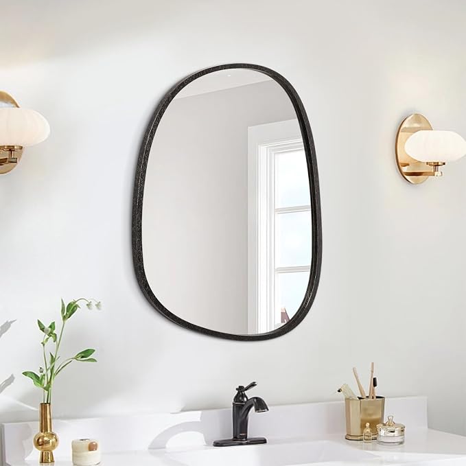 Asymmetrical Hanging Wood Mirror Irregular Oval Frame Mirror for Wall Modern Unique Decorative Mirror for Bathroom Vanity Living Room Bedroom Entryway Artistic Wall Mirror