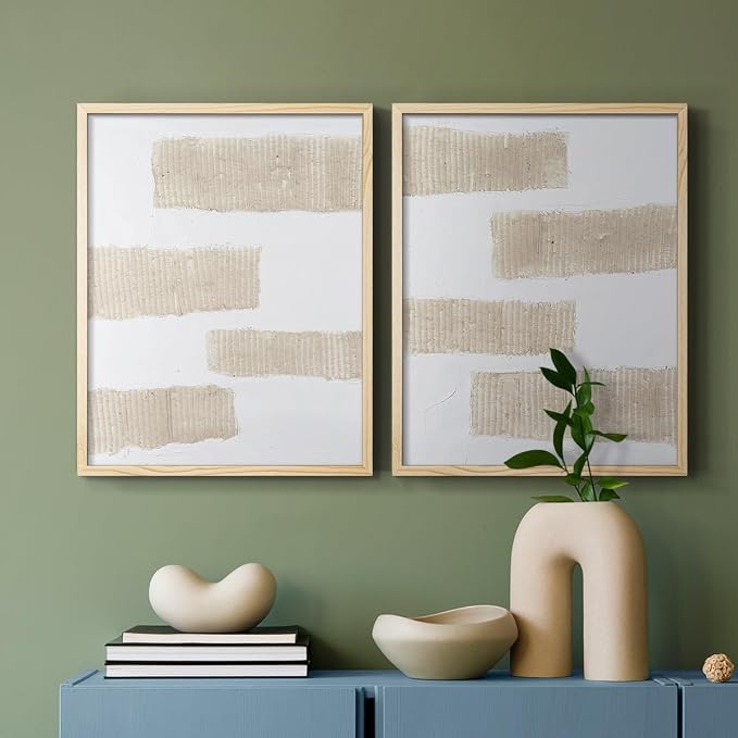 Renditions Gallery Set of 2 Peel & Stick Framed Prints, Modern Abstract Wall Art, Textured Brush Strokes Wall Decor, Re-Stickable - Ready to Hang - 22"x28" - NATURAL WOOD Frame LT588