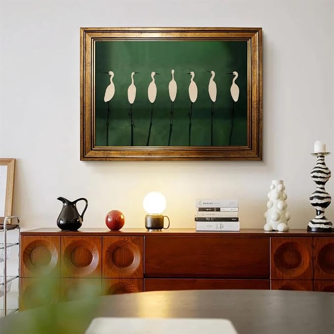 Japanese Cranes Wall Art 16x20 inch Gold Framed Retro Bird Animal Canvas Poster Nature Minimalist Green Home Prints for Living Room Bedroom Office Decor