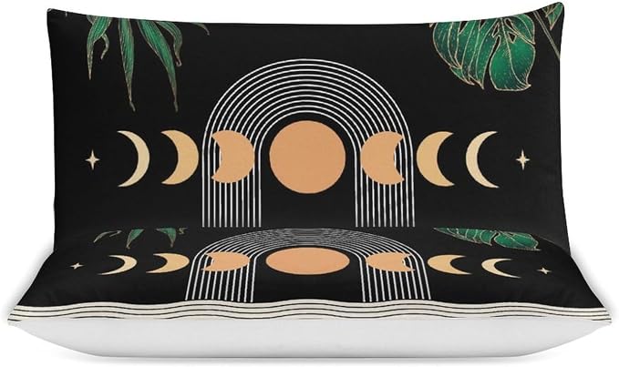 Mid Century Moon Phase Duvet Cover Sets Boho Modern Palm Leaves Arch Minimalist Printed Lightweight Soft Quilt Cover Soft Microfiber 3 Piece (1 Duvet Cover 68x86in + 2 Pillow Sham 20x30in)