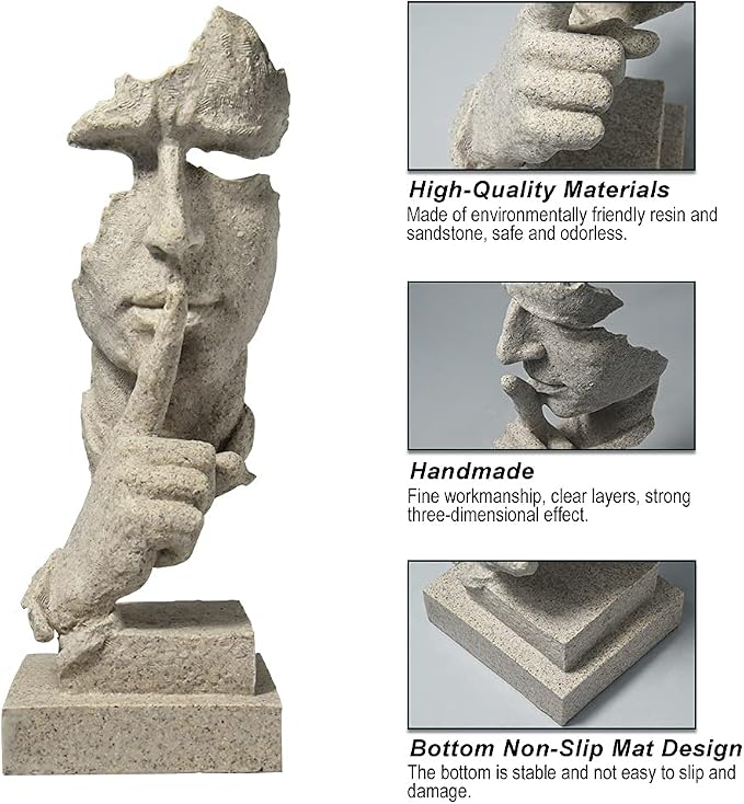 fazhongfa Thinker Statue - Silence is Gold Modern Decor Creative Abstract Art Figurine Resin Sculptures Decoration Room Home Study Office for Men Desktop Ornament (Sandstone)