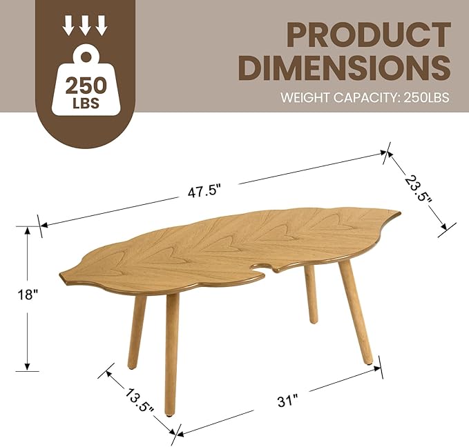 DUOMAY Mid-Century Modern Small Coffee Table, Solid Leaf-Shaped Wood Coffee Table for Living Room, Easy Assembly Center Table End Table with Wood Leg, Side Table for Bedroom Small Space, Natural