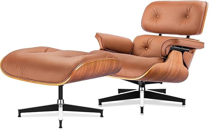 Top Grain Leather,Mid Century Chaise Lounge Chair and Ottoman, Reading Chair, Leather Accent Chair, Modern Chair, Classic Design, Heavy Duty Base Support for Living Room Lounge Office