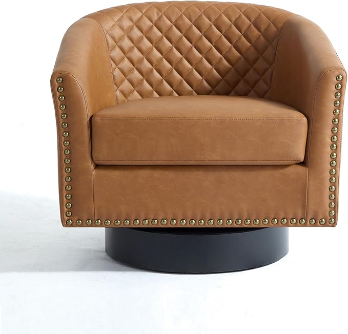 UIXE Faux Leather Swivel Barrel Accent Chair, Upholstered Round Armchair Club Chair for Living Room, Comfy Single Sofa Bedroom Reading Seat - Coffee