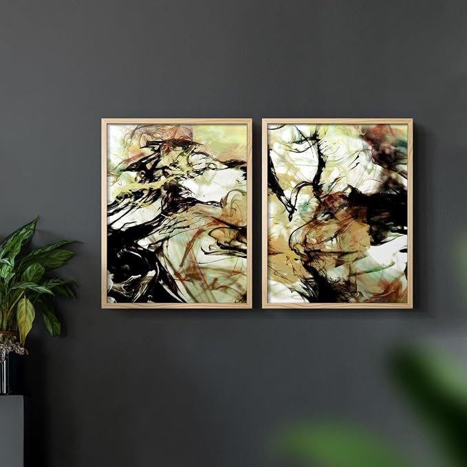 Renditions Gallery Set of 2 Peel & Stick Framed Prints, Abstract Wall Art, Vaping Smoke Design Wall Decor, Re-Stickable - Ready to Hang - 11"x14" - NATURAL WOOD Frame LT588