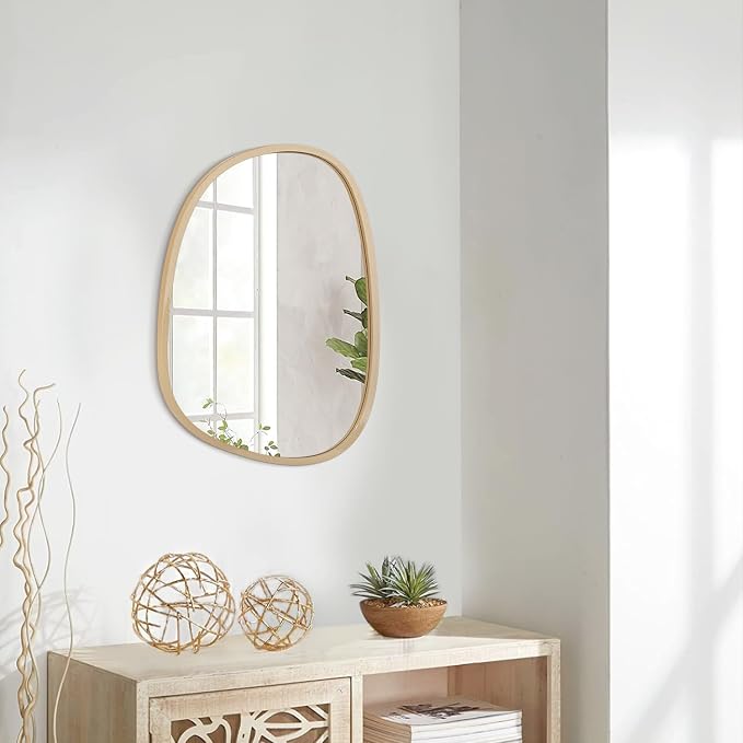 Irregular Wall Mirror Gold Asymmetrical Bathroom Mirror Oval Wood Framed Modern Wall Mounted Decorative Mirrors for Wall Home Vanity Bedroom Living Room Entryway Hallway Small 16"x12"