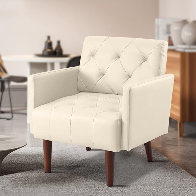 Faux Leather Accent Chair, Modern Retro Arm Chair for Living Room and Bedroom Tufted Upholstered Sofa Club Chair Comfy Armchair for Small Spaces Bedroom Office (Beige)