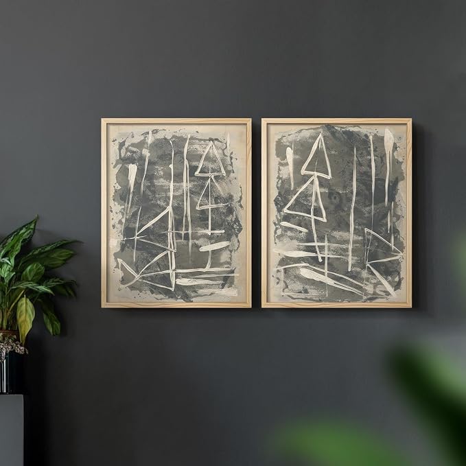 Renditions Gallery Set of 2 Peel & Stick Framed Prints, Trendy Abstract Wall Art, Textured Linework Striking Wall Decor, Re-Stickable - Ready to Hang - 22"x28" - NATURAL WOOD Frame LT588
