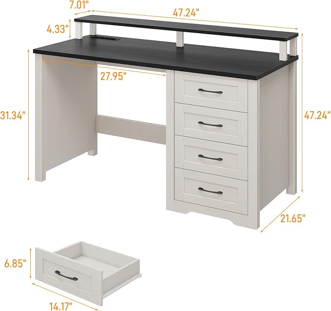 Vabches 47" Farmhouse Executive Desk with Monitor Stand and LED Lights,4 Drawers Computer Desk with Power Outlets,Large Workspace for Work Study Writing, (Black)
