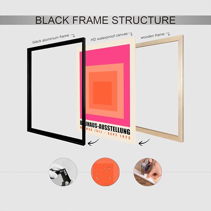 Vintage Bauhaus 1923 Exhibition Framed Poster Minimalist Nested Squares Bold Typography Canvas Wall Art Clean Layout Prints Painting For Home Bedroom Dorm Wall Decor 16x24in Framed