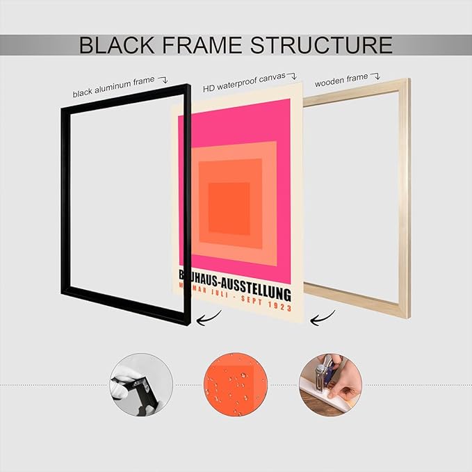 Vintage Bauhaus 1923 Exhibition Framed Poster Minimalist Nested Squares Bold Typography Canvas Wall Art Clean Layout Prints Painting For Home Bedroom Dorm Wall Decor 12x16in Framed