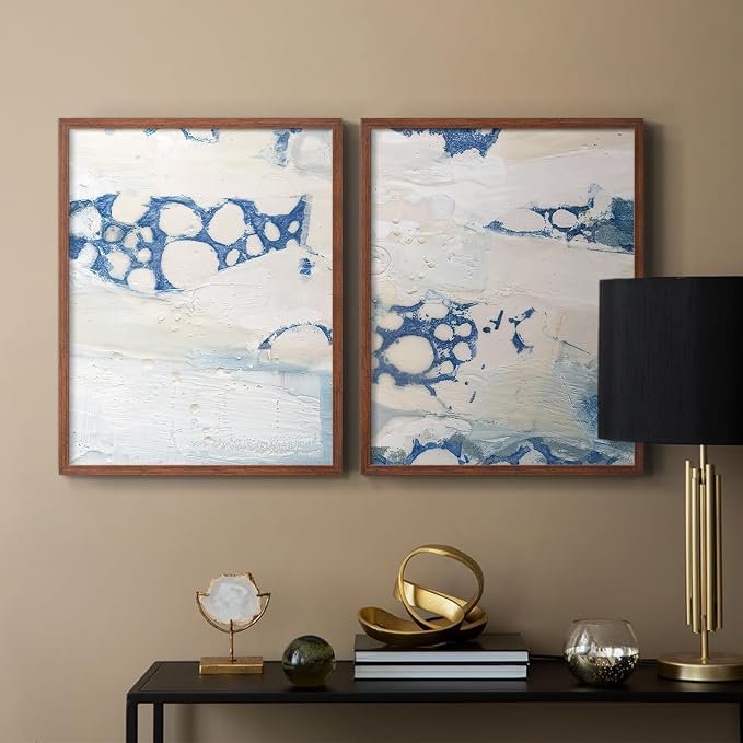 Renditions Gallery Set of 2 Peel & Stick Framed Prints, Textured Abstract Wall Art, Beach Themed Bubble Design Wall Decor, Re-Stickable - Ready to Hang - 11"x14" - Walnut Frame LT588
