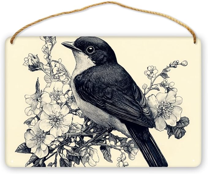 Retro Illustration wooden Bird & Floral Masterpiece Sign, 12x8 Inch Wall Decors for Collectors, Nostalgic Studio Accident, Unique Show & anniversary for Vintage Fans