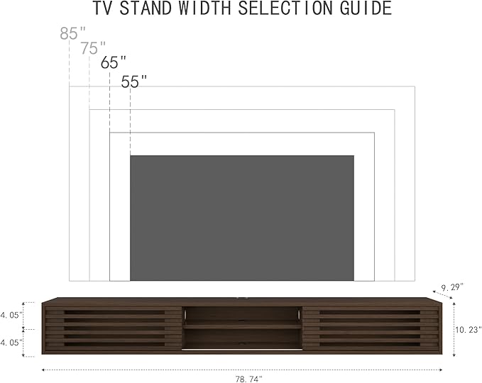 78" Floating TV Stand with Slatted Sliding Doors, Mid-Century Modern Wall Mounted Entertainment Center, Walnut Media Floating tv Console for 85 TV, Space-Saving Cable Management