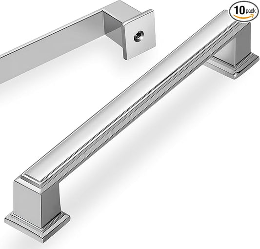 Lardmon 10 Pack 6.3 Inch(160mm) Hole Center Polished Chrome Modern Cabinet Pulls Kitchen Cabinet Handles Kitchen Cabinet Hardware Timeless Drawer Pulls for Dresser Cupboard Wardrobe, Chrome(6.3x10)