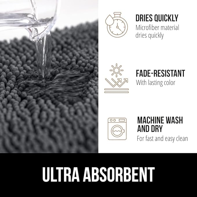 GORILLA GRIP Plush Absorbent Shaggy Chenille Bath Rug Mat for Square Toilet Base with Rubber Backing, Machine Washable Rugs, Soft Microfiber Contour Mats for Toilets, Bathroom Decor, Charcoal
