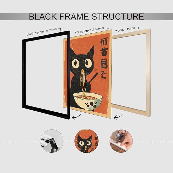 Funny Black Cat Eat Ramen Noodles Poster Vintage Japanese Kitchen Food Wall Art 24X36 inch Black Framed Whimsical Cute Animal Canvas Prints for Restaurant Wall Decor