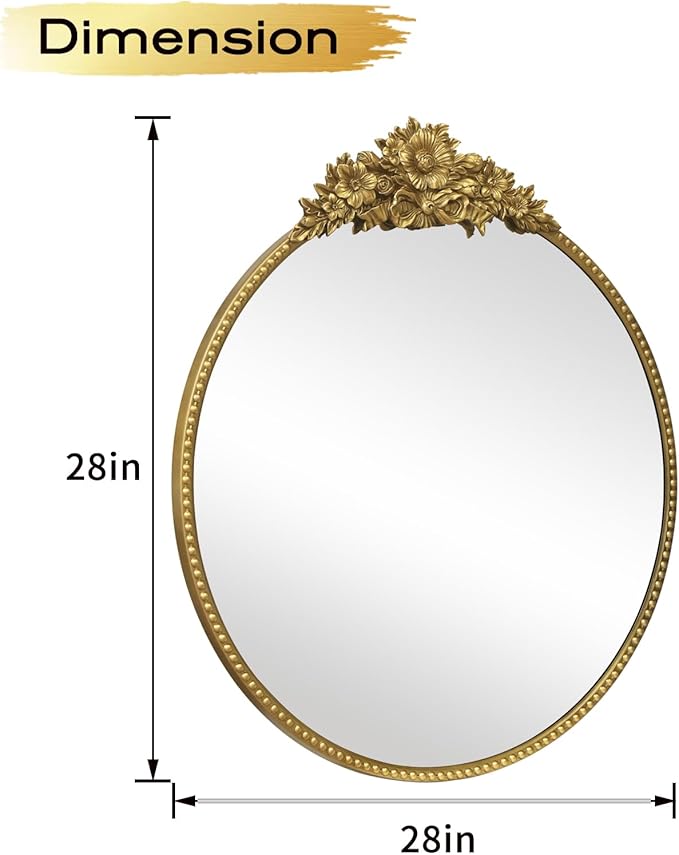 Vintage Round Mirror, 28" Baroque Style Circular Mirror, Antique Metal Frame Wall Mirror, Traditional Art Home Decor for Dressing Table, Bathroom or Bedroom,Retro Gold