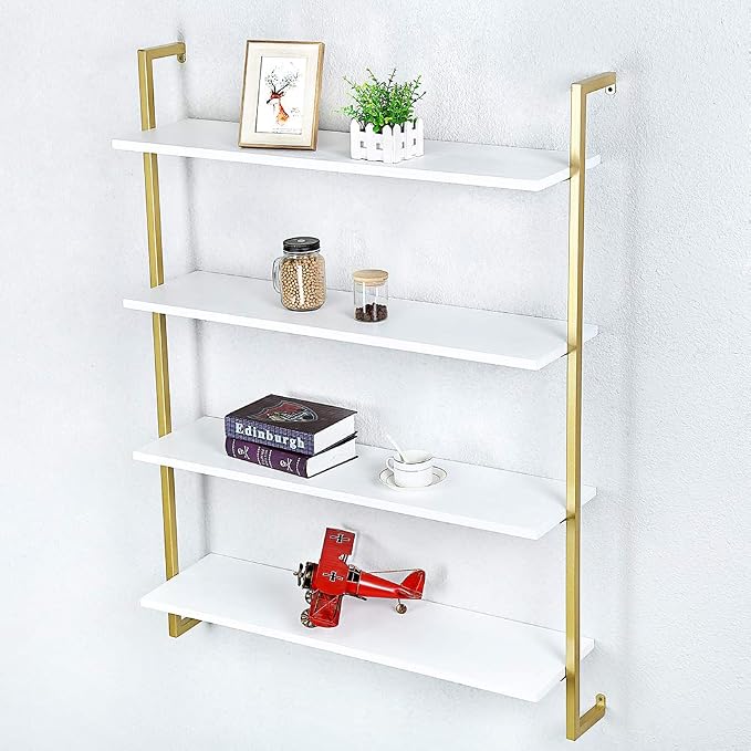 Industrial Metal Wall Shelf,Floating Wood Shelves Wall Mounted,36in Real Wood Book Shelves,4 Tier for Bedrooms Office