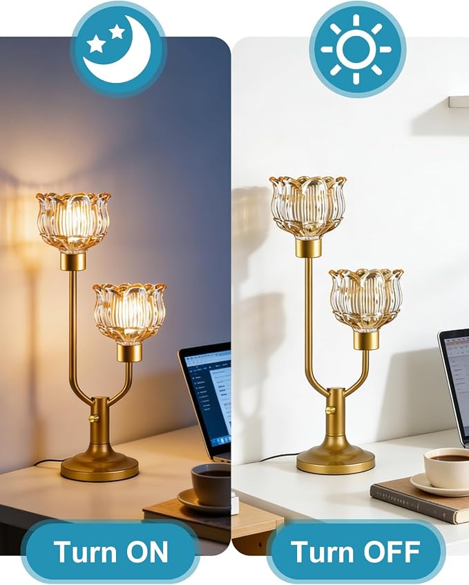 Lightdot Gold Table Lamp for Living Room Dimmable Mid Century Modern Flower Desk Lamp Amber Glass Vintage Nightstand Lamp 2 Bulbs Included Warmwhite Ambient Bedside Lamps for Bedroom Home Office Decor
