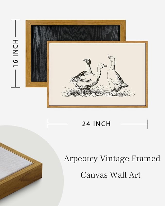 ARPEOTCY Vintage Framed Canvas Wall Art, 16x24 Inch Sketch Cute Duck Picture Nursery Decor, Large Animal Wall Art for Living Room Bedroom, Vintage Rustic Retro Home Decor Aesthetic