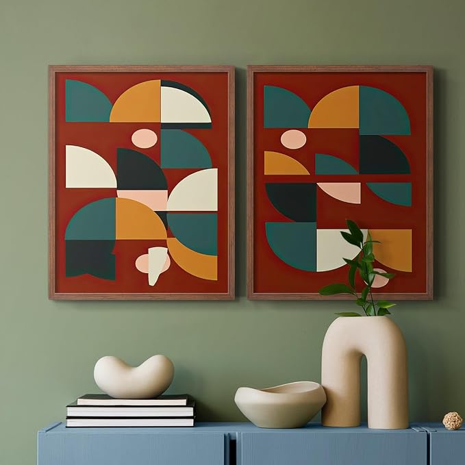 Renditions Gallery Set of 2 Peel & Stick Framed Prints, Mid Century Abstract Wall Art, Modern Geometric Shapes Wall Decor, Re-Stickable - Ready to Hang - 22"x28" - Walnut Frame LT588