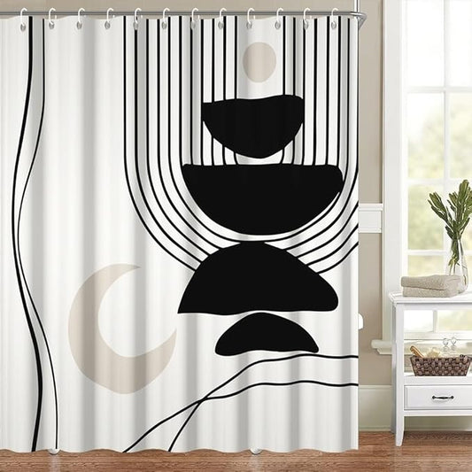Black White Boho Shower Curtain for Bathroom Modern Abstract Minimalist Neutral Bathroom Decor Mid Century Arch Moon Geometric Bath Curtain Washable Waterproof Polyester Fabric with Hooks 60x72 Inch
