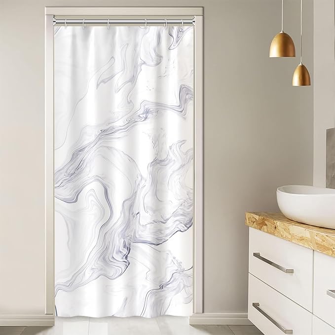 Stall Shower Curtain, White Marble Small Bathroom Curtain Modern Abstract Waterproof Shower Curtain Set with Hooks, 36x72 Inch