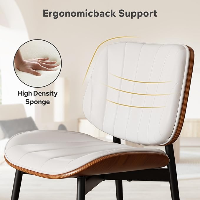 Dining Chair, Mid Century Modern Dining Room Chairs, Upholstered Faux Leather Kitchen Chairs with Walnut Bentwood Back and Metal Legs for Kitchen Dining Room Living Room, White