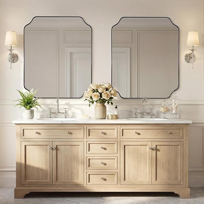 ANDY STAR 30x36 Inch Chrome Bathroom Mirror, Polished Nickel Vanity Mirror, Scalloped Mirror in Anti-Rust Stainless Steel Metal Thin Frame, Unique Rounded Notched Corners, Vertically/Horizontally