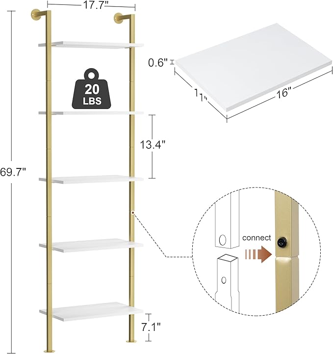 Acovy 5-Tier Bookshelf Solid Wood Ladder Shelf, Narrow Book Shelf Display Shelf, Wooden Bookcase, Wall Mount Ladder Shelf, Storage Rack for Living Room, Bedroom, Bathroom, White and Gold
