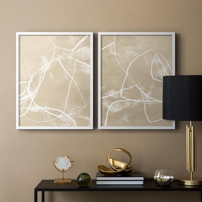 Renditions Gallery Set of 2 Peel & Stick Framed Prints, Neutral Abstract Wall Art, Beige Line Art Pattern Wall Decor, Re-Stickable - Ready to Hang - 22"x28" - White Frame LT588