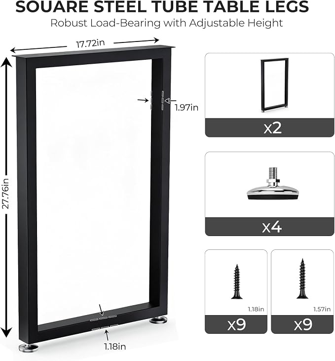 Table Legs 28”H x 18”W Heavy Duty Metal Furniture Legs Square for Dining Table Kitchen Table Office Desk Table Base Replacement with Adjustable Feet Pads Screws 1000 LBS Load Black Set of 2