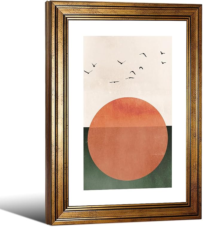 Gold Framed Japanese Minimalist Sunset With Bird Wall Art Nature Geometric Abstract Poster Modern Mid Century Eclectic Canvas Prints for Living Room Gallery Home Decor 20x30 inch