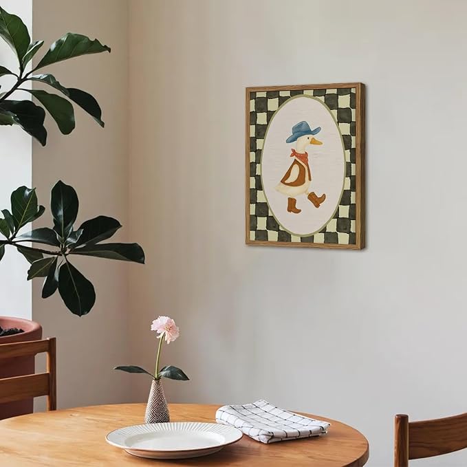 Funny Western Cowboy Goose Wall Art Cute Silly Goose Wall Decor Painting, Southwestern Duck Animal Poster Canvas Print for Living Room Bedroom 12x16 inch Wood Framed