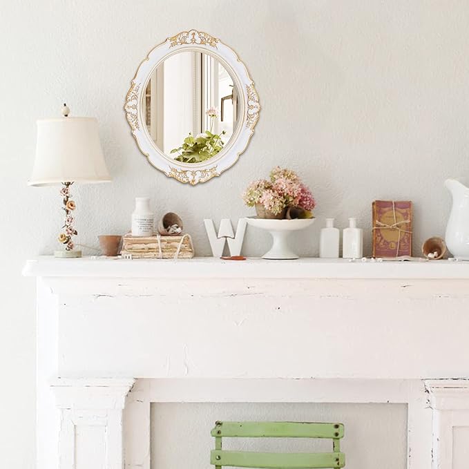 Eaoundm 13.1 x 14.8 inchs Decorative Wall Mirror,Vintage Hanging Mirrors for Bedroom Living-Room Dresser Decor Oval (White)