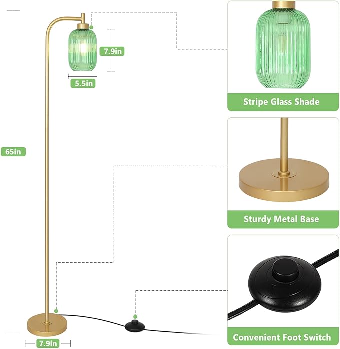 Glass Floor Lamp for Living Room, Modern Gold Standing Lamp with LED Bulb, Green Stripe Glass Shade, Foot Switch, Vintage Brass Tall Lamp, Minimalist Corner Pole Lamp for Bedroom Office